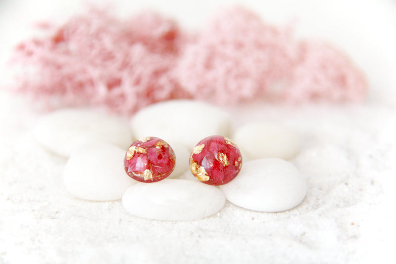 Botanical Earrings Real Magenta Flowers with Goldleaf